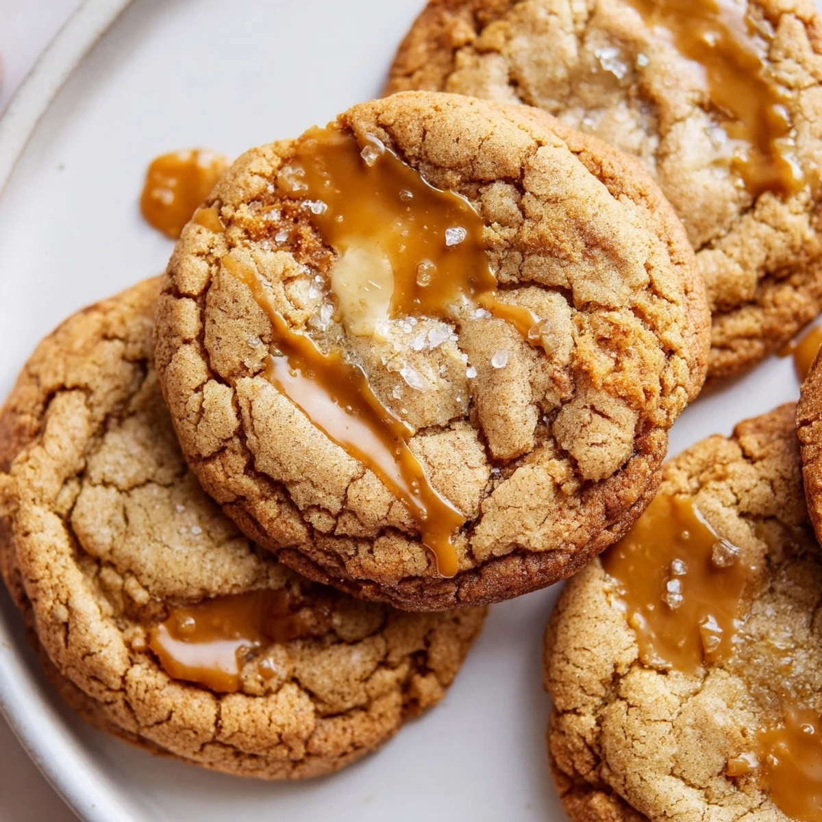 Creamy cheesecake centers peek through chewy caramel drizzled cookies cooling on rack