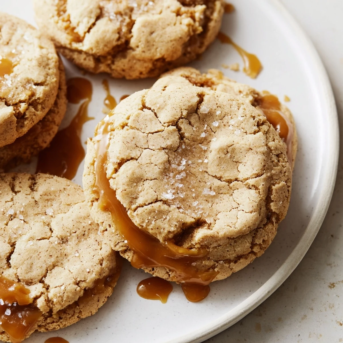 Soft caramel cheesecake cookies with golden edges on a rustic baking sheet