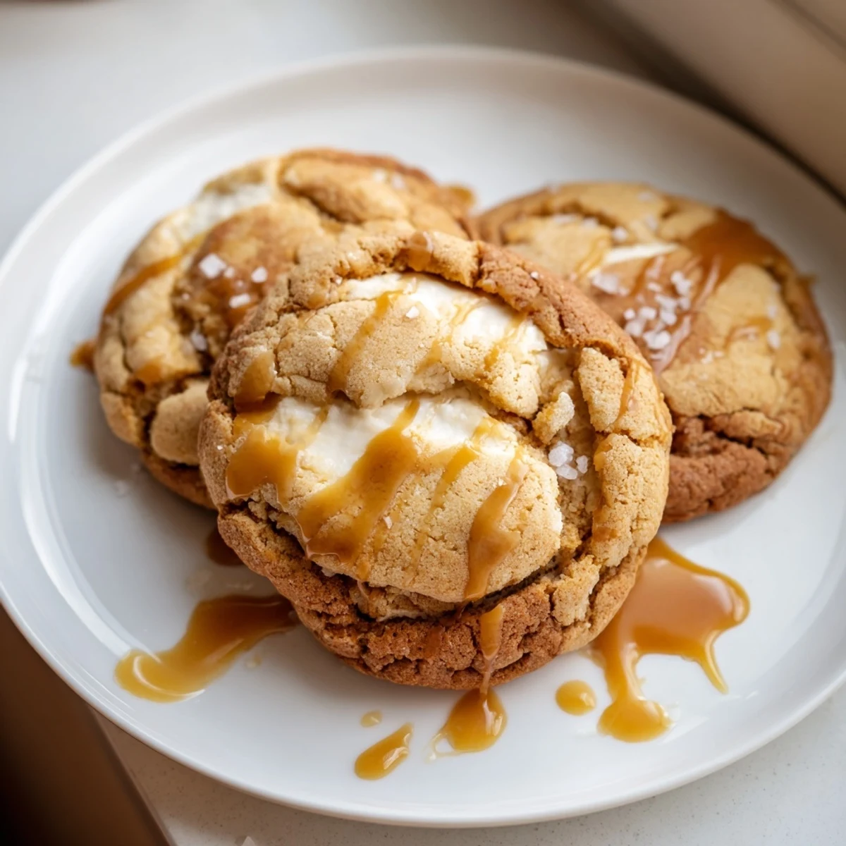 Warm caramel cheesecake cookies topped with glossy caramel sauce and flaky sea salt