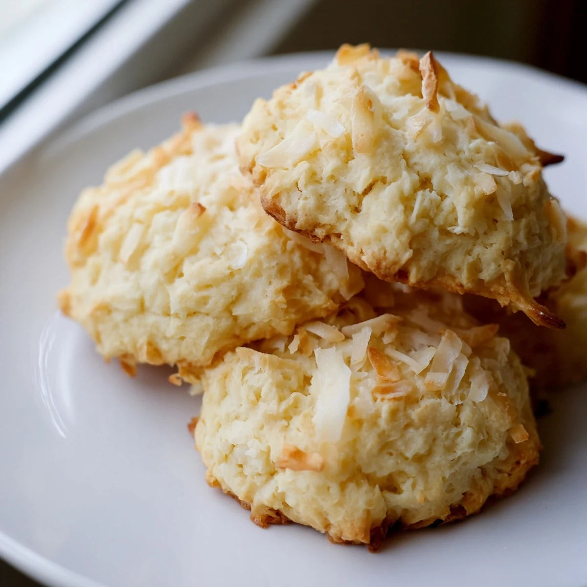 Soft and buttery coconut cookies with golden edges on a rustic baking sheet.