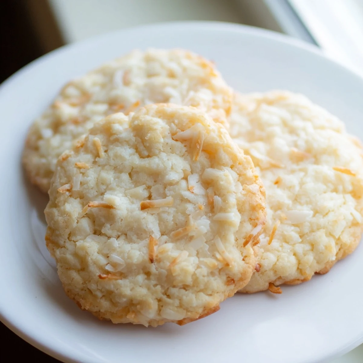 Freshly baked soft coconut cookies with flecks of shredded coconut throughout each bite.