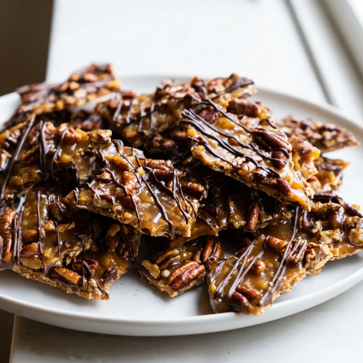 Golden pecan pie bark with caramelized nuts drizzled in dark chocolate on a rustic tray