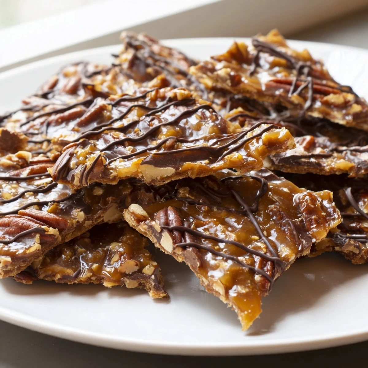 Homemade pecan pie bark arranged on a parchment lined sheet with a chocolate drizzle finish