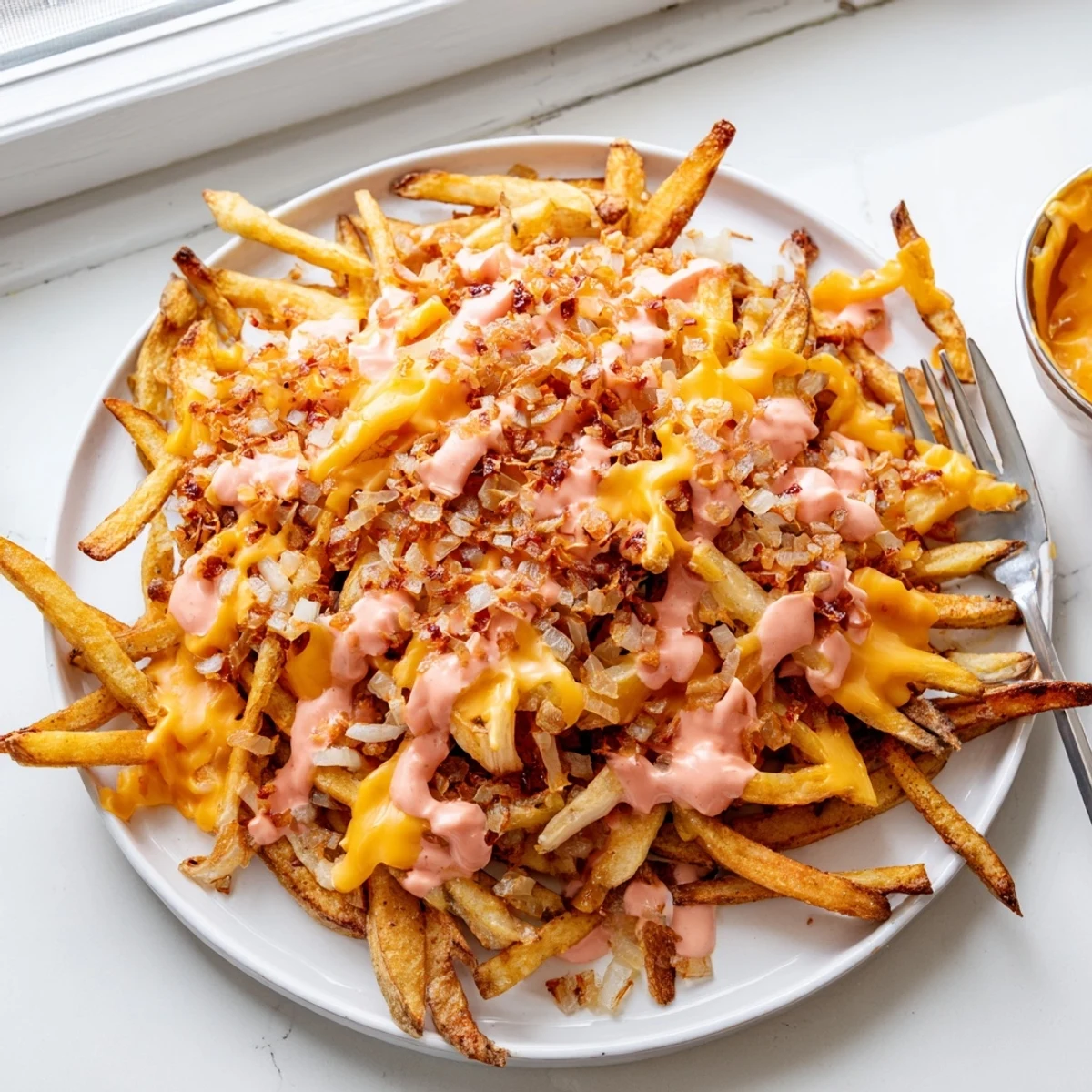 Golden crispy Animal Style Fries loaded with melted cheese and caramelized onions on a platter