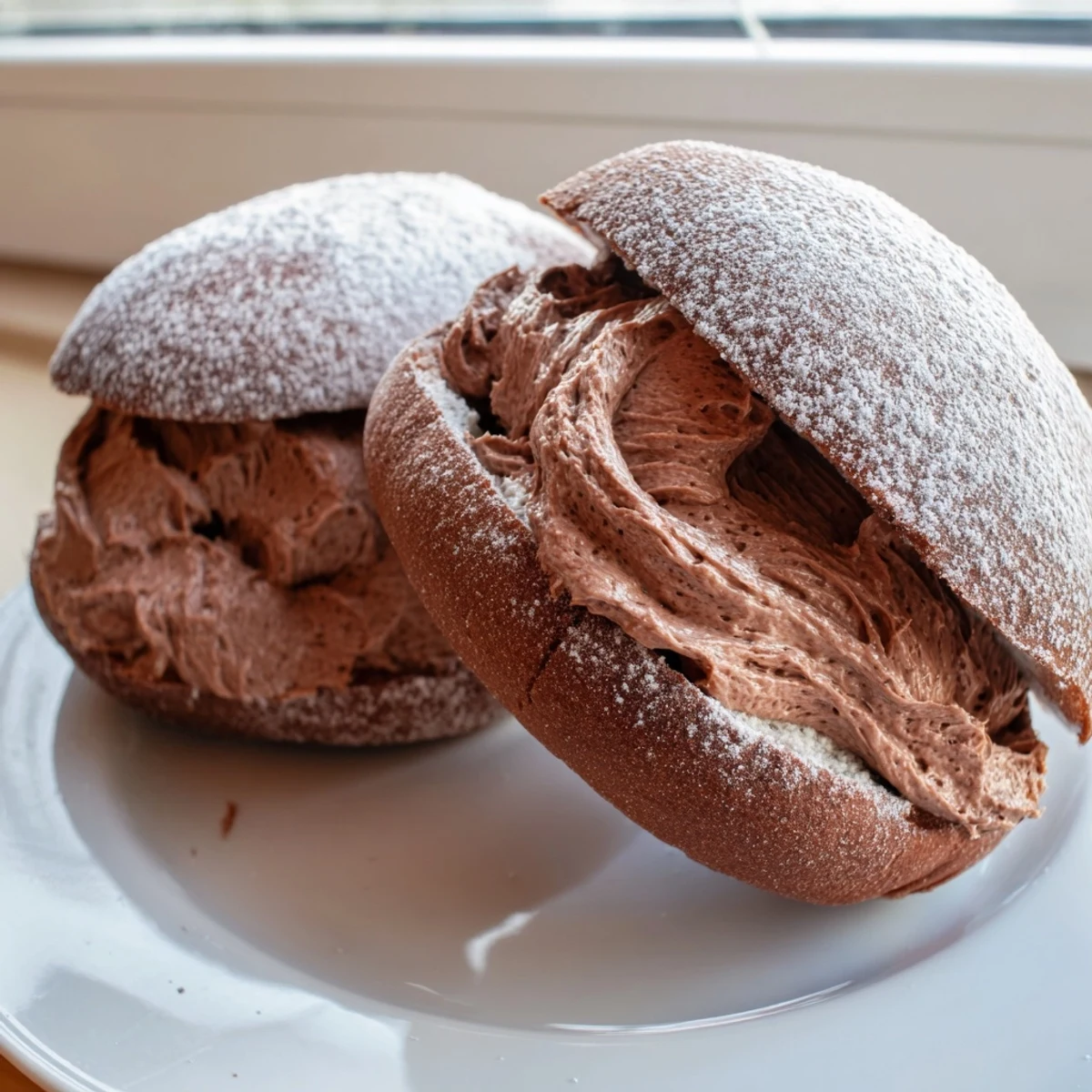 Freshly baked Italian Chocolate Maritozzi buns split open and piled with dark chocolate cream