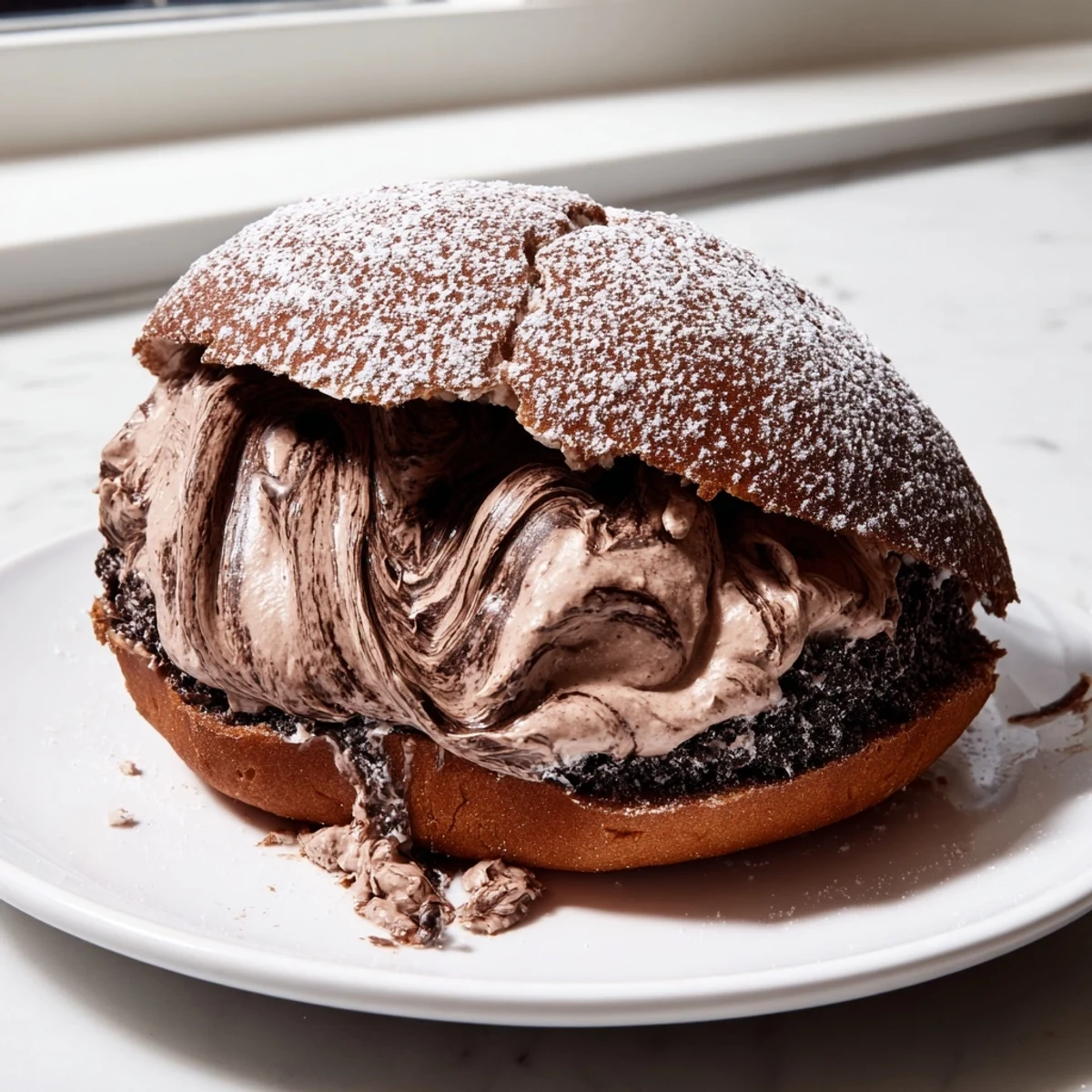 Golden brown Italian Chocolate Maritozzi dusted with powdered sugar on a rustic wooden board