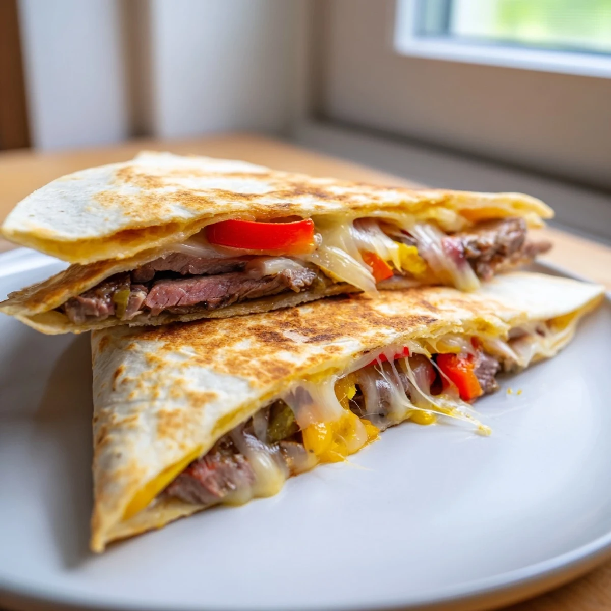 Crispy golden steak quesadillas overflowing with melted cheese and colorful sautéed peppers on a rustic cutting board