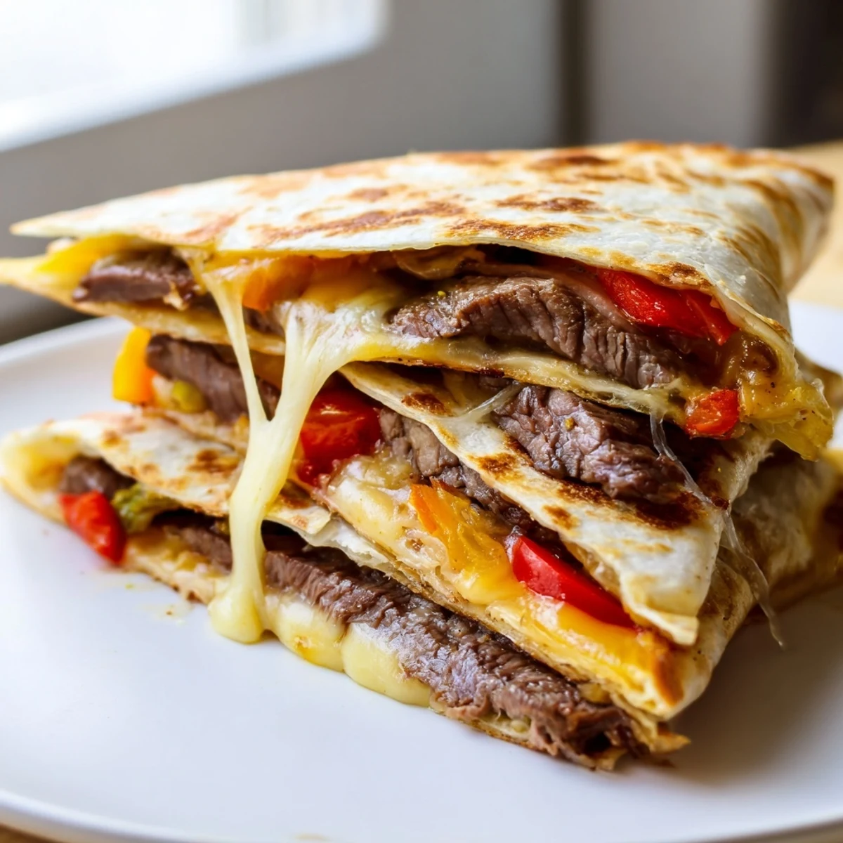 Steak quesadillas cut into wedges showcasing juicy grilled beef and gooey Monterey Jack cheese inside
