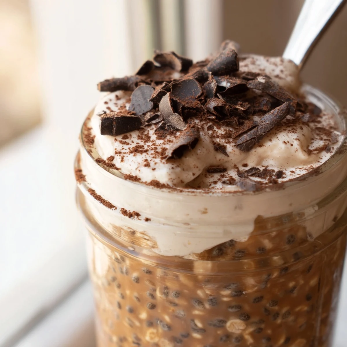 Creamy tiramisu overnight oats layered in jars with rich cocoa dusting on top