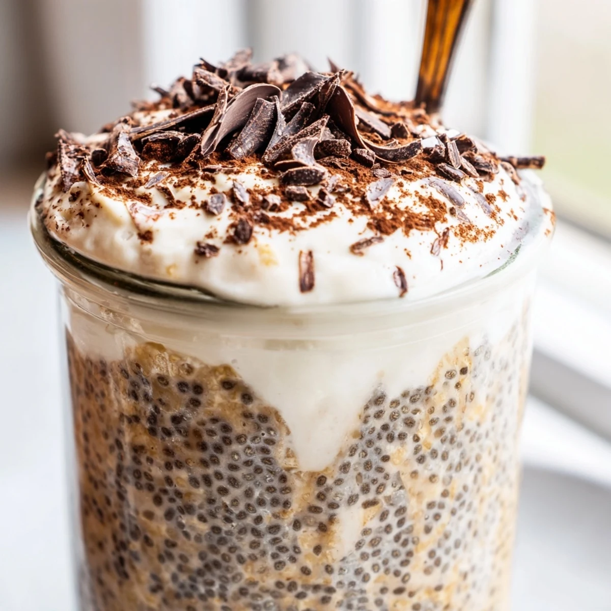 Tiramisu overnight oats topped with smooth mascarpone and dark chocolate shavings