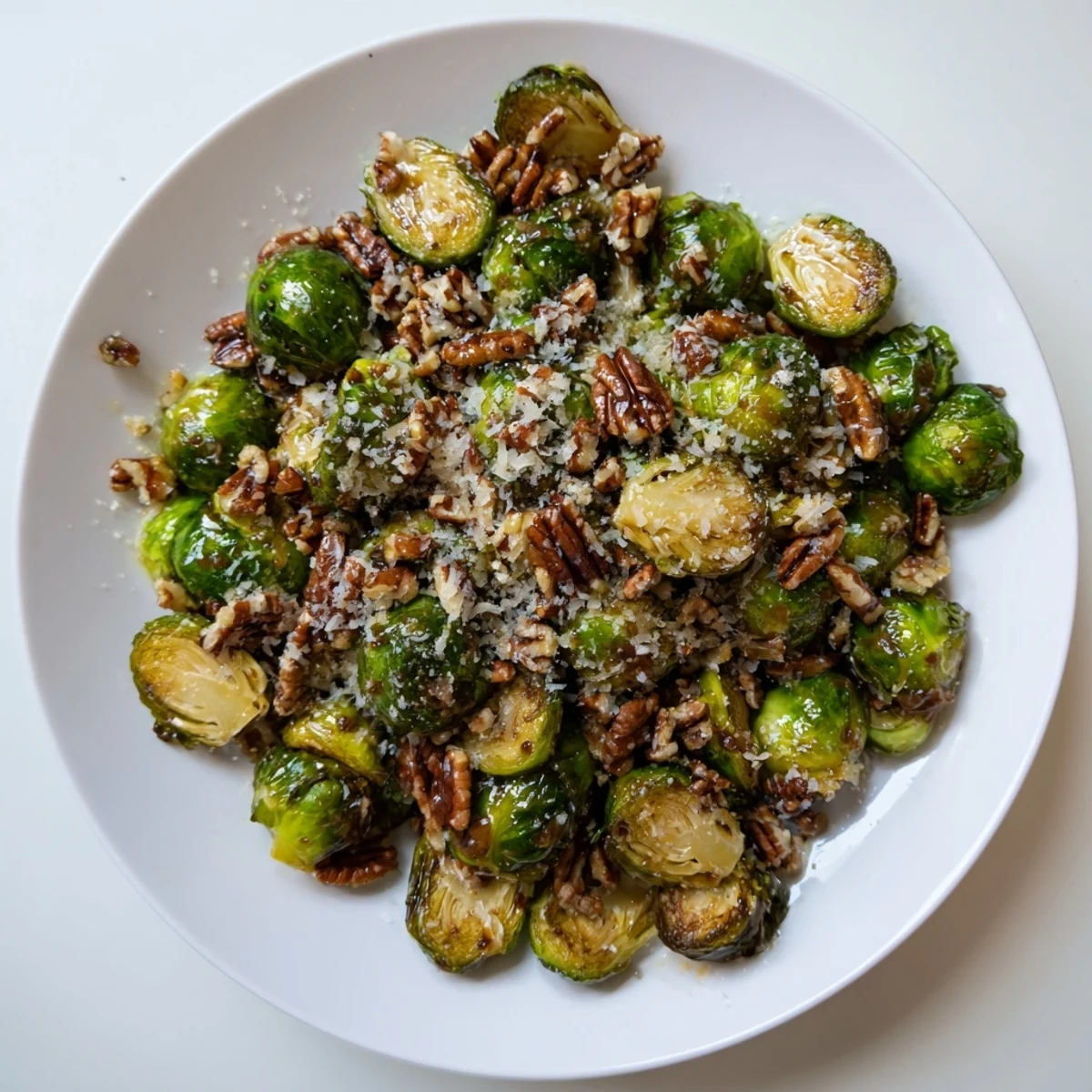 Golden honey balsamic Brussels sprouts roasted until crispy and caramelized on a white serving plate.