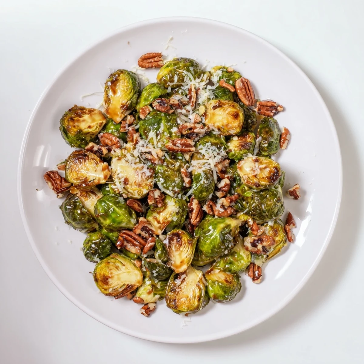 A close-up of roasted Brussels sprouts glazed in sweet honey balsamic sauce with toasted pecans and Parmesan.