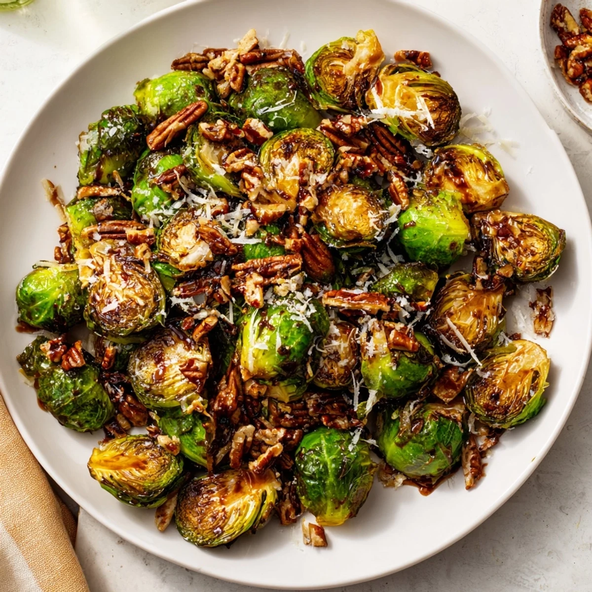 Steam rising from a bowl of tender honey balsamic Brussels sprouts garnished with chopped nuts and grated cheese.