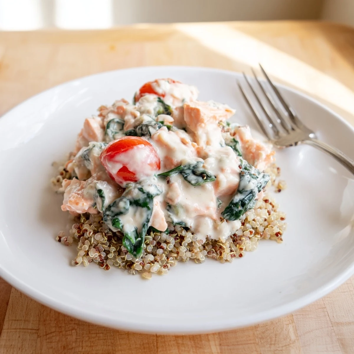 Creamy leftover salmon recipe with spinach and cherry tomatoes in a rich sauce bowl  