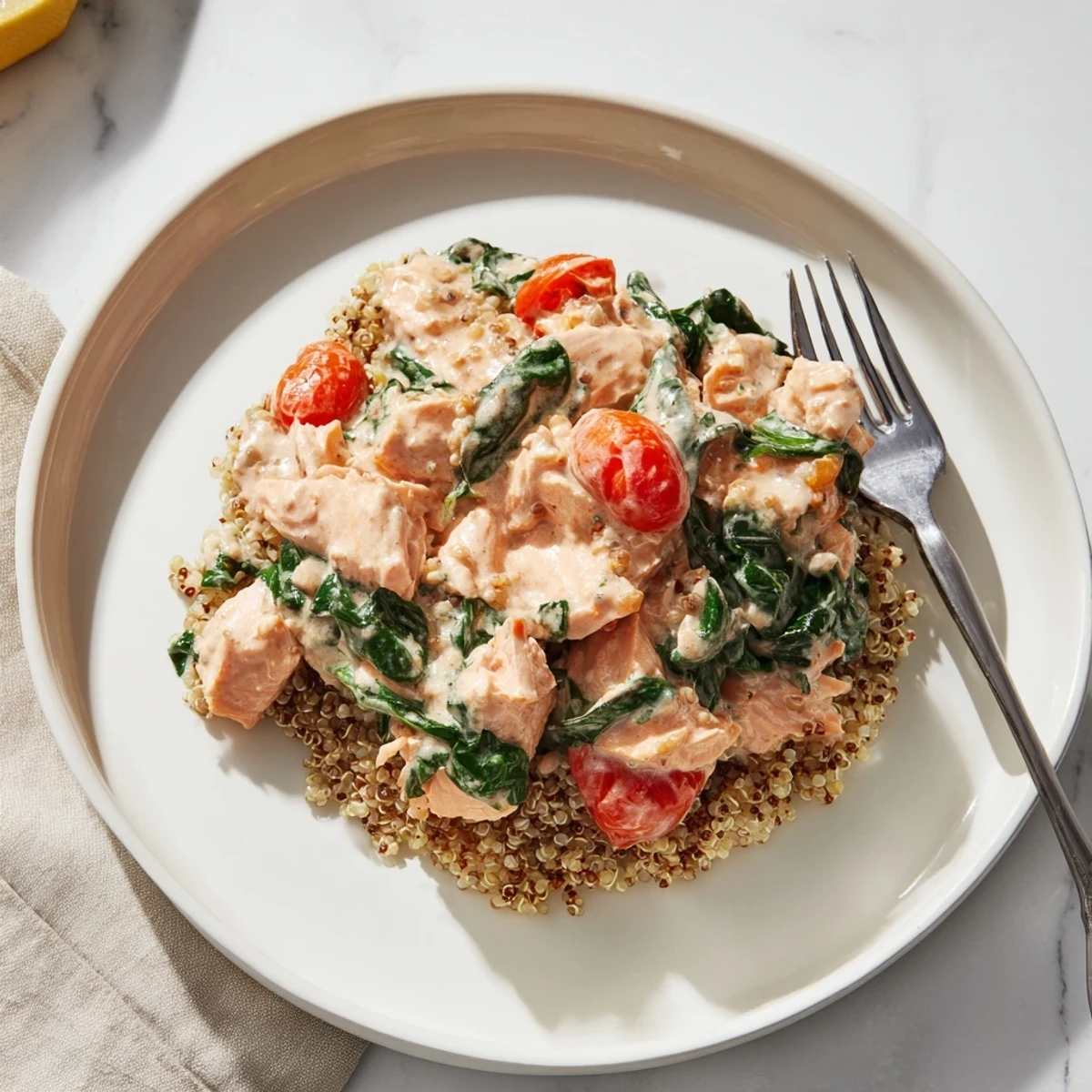 Savory leftover salmon recipe simmered with garlic and lemon zest in a creamy skillet