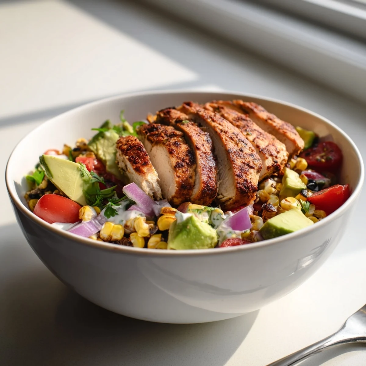Bowl of high protein chicken street corn salad topped with avocado, tomatoes, and zesty lime dressing