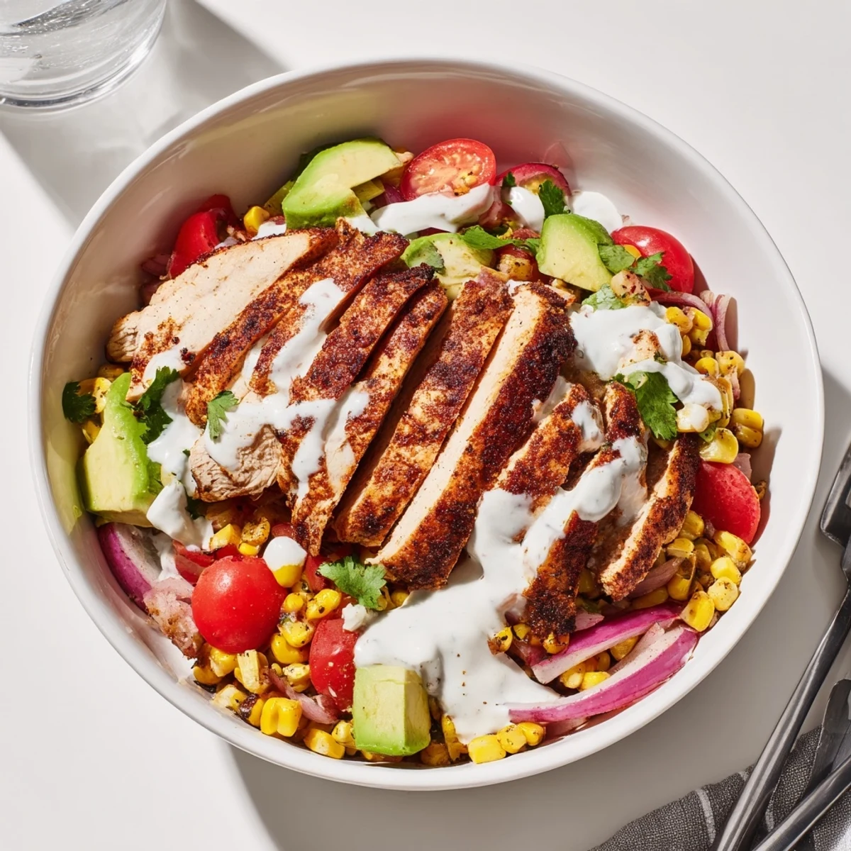 Vibrant high protein chicken street corn salad featuring grilled chicken, charred corn, and creamy cotija cheese