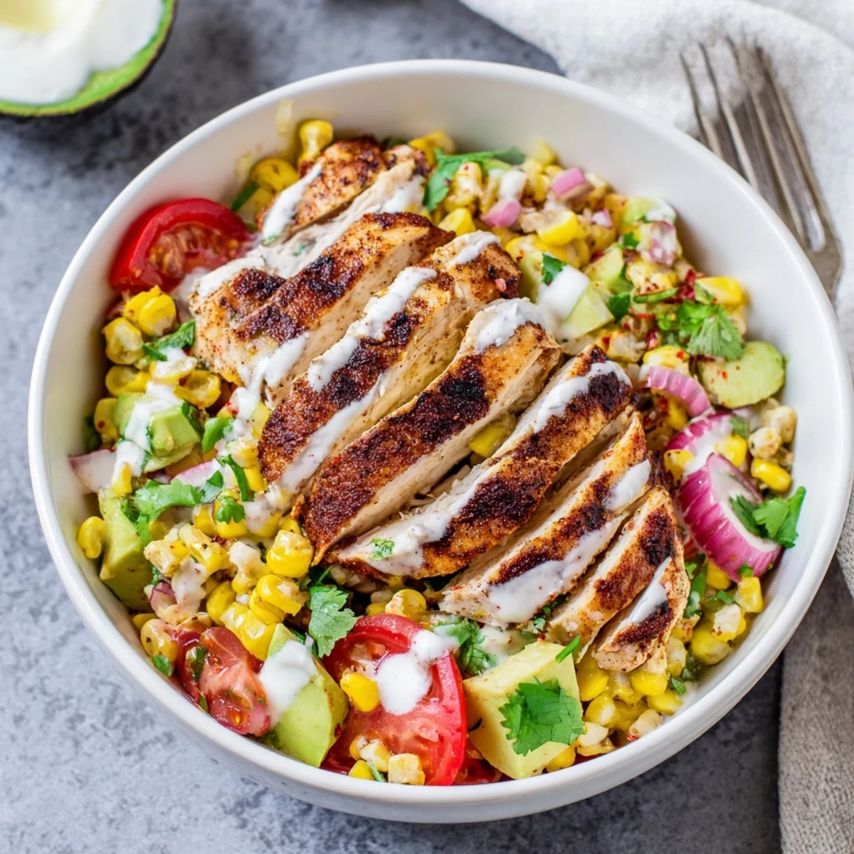 Savory high protein chicken street corn salad packed with juicy grilled chicken breast and fresh vegetables