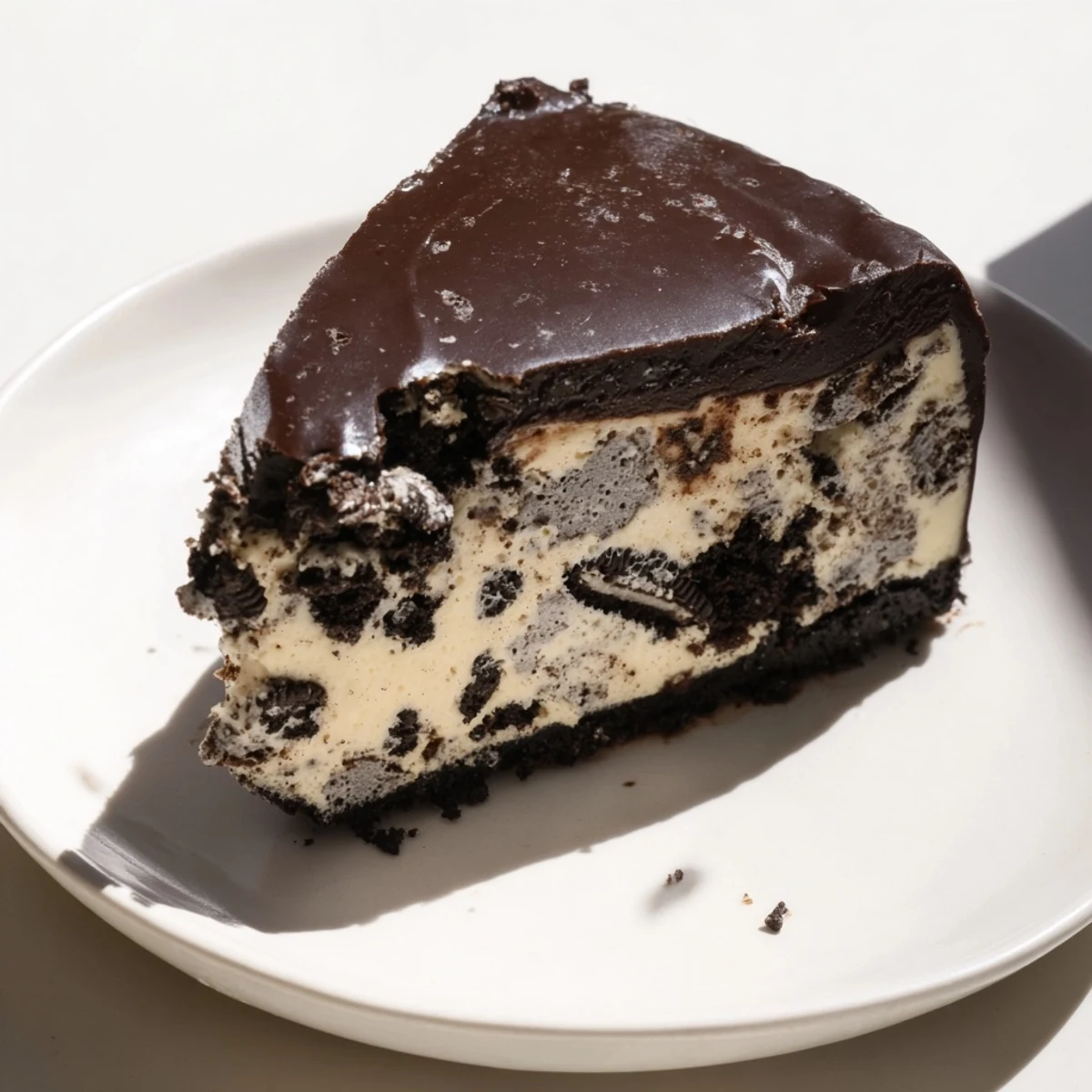 Decadent Oreo chocolate cheesecake slice with a chocolate crust, creamy center, and glossy chocolate glaze.  