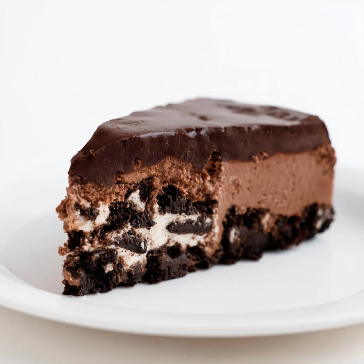 Homemade Oreo chocolate cheesecake with whipped ganache, cookie crumbs, and smooth chocolate cheesecake layers.