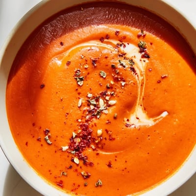 Velvety high protein tomato soup topped with chili flakes and a swirl of yogurt