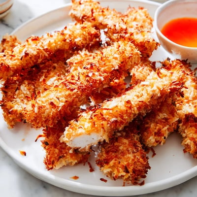 Crispy coconut chicken tenders fresh from the oven on a parchment-lined baking sheet