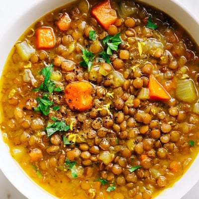 Creamy lemon lentil soup topped with olive oil drizzle in a rustic ceramic bowl