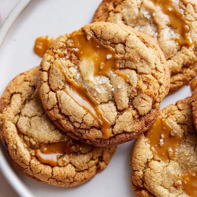Creamy cheesecake centers peek through chewy caramel drizzled cookies cooling on rack