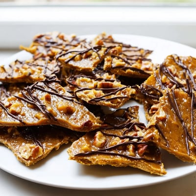 Crunchy pecan pie bark pieces coated in gooey buttery toffee topped with roasted pecans