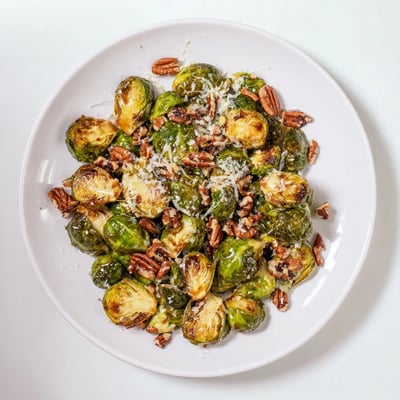 A close-up of roasted Brussels sprouts glazed in sweet honey balsamic sauce with toasted pecans and Parmesan.